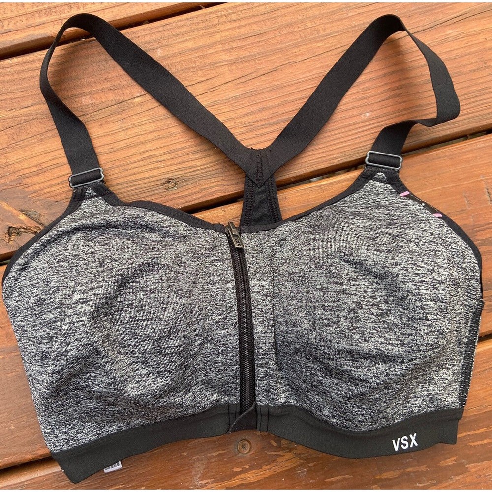 Victoria Secret VSX Sport Wireless Front Zip Sports Bra  32DD Black Heathered